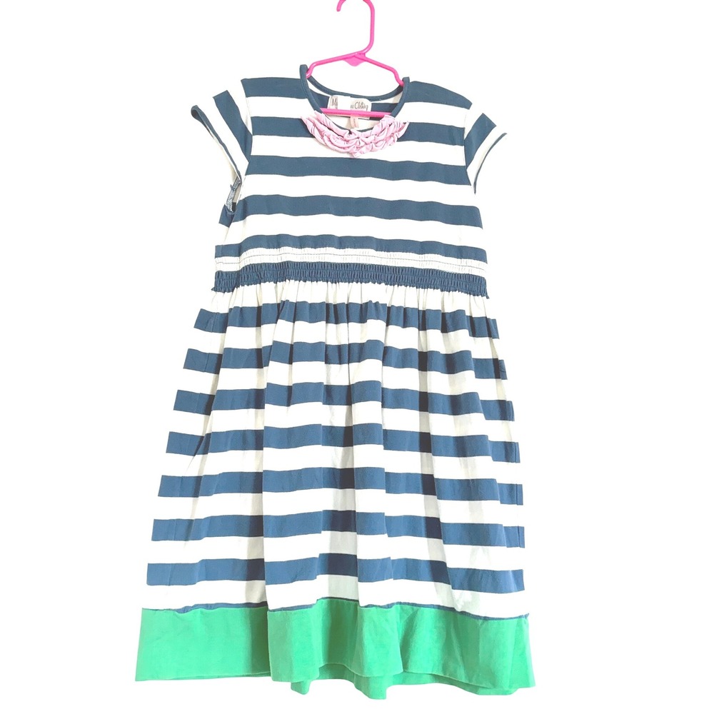 Matilda Jane Girls Blue White Striped Dress Pink Ruffle Collar Size 10 D13132